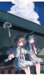 2girls arm_at_side black_hair blue_eyes blue_sky blunt_bangs blunt_ends blush brown_hair capelet cloud collared_shirt commentary cross cross_print cumulonimbus_cloud day eyes_visible_through_hair feet_out_of_frame folded_ponytail food frown hair_between_eyes hand_up highres hime_cut holding holding_food holding_popsicle hot light_particles long_hair looking_at_viewer medium_hair multiple_girls necktie open_mouth outdoors pleated_skirt popsicle print_necktie reaching reaching_towards_viewer red_necktie school_uniform shirt sidelocks sitting skirt sky straight_hair subarashiki_hibi summer sweatdrop tachibana_kimika takashima_zakuro thank_u_eroge tsurime watermelon_bar white_capelet white_shirt white_skirt