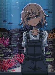 1girl aquarium bandaged_arm bandages bandaid closed_mouth coral denim denim_overalls fish grey_hair ikeda_(kasutera) looking_at_viewer lowres original overalls pixel_art purple_eyes shirt solo solo_focus standing t-shirt white_shirt