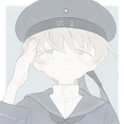 Rule 34 | 1girl, black neckerchief, blue dress, blue eyes, blue hat, blue sailor collar, blush, closed mouth, dress, grey hair, hair between eyes, haruta (hrtco), hat, kantai collection, long sleeves, looking at viewer, neckerchief, sailor collar, sailor dress, sailor hat, salute, short hair, simple background, upper body, z1 leberecht maass (kancolle)