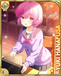 1girl ascot bow bowtie braid braided_ponytail card_(medium) cardigan classroom desk evening girlfriend_(kari) grey_skirt hair_ornament hair_scrunchie hanafusa_yuki indoors light_smile official_art open_mouth pink_ascot pink_hair pleated_skirt ponytail purple_cardigan qp:flapper red_eyes sailor_collar school school_desk school_uniform scrunchie shirt shoes skirt solo standing sunset tagme thighhighs white_shirt