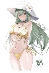1girl arms_behind_back bikini black_choker blush breasts choker cleavage cowboy_shot green_eyes green_hair hat highres jewelry large_breasts long_hair looking_at_viewer mole mole_under_eye navel necklace pinjirooo star_(symbol) star_necklace string_bikini swimsuit venus_(zenless_zone_zero) white_hat yellow_bikini zenless_zone_zero