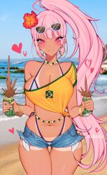 Rule 34 | 1girl, ark evil02, beach, belly chain, bikini, bikini under clothes, blue sky, blush, brazilian flag, brazilian miku (cosplay), breasts, can, closed mouth, cosplay, cowboy shot, crushed can, crushing, denim, denim shorts, drink can, exposed pocket, flower, glasses on head, hair flower, hair ornament, heart, high ponytail, highres, hololive, hololive english, jewelry, large breasts, long hair, microshorts, mori calliope, narrow waist, navel, necklace, off shoulder, pearl necklace, pink eyes, pink hair, ponytail, sand, see-through clothes, see-through shirt, shiny skin, shirt, shorts, sky, smile, soda can, sunglasses, sweat, swimsuit, tan, tanline, tied shirt, unbuttoned, unzipped, very long hair, virtual youtuber, wide hips