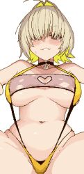 1girl 2025 ahoge bikini blonde_hair blush breasts cleavage clothing_cutout commentary dstakunt elegg_(boom_and_shock)_(nikke) elegg_(nikke) female_focus goddess_of_victory:_nikke groin hair_over_eyes heart_cutout huge_breasts navel official_alternate_costume open_mouth partially_visible_vulva pixel_art short_hair simple_background slingshot_swimsuit smile solo spread_legs sweat sweatdrop swimsuit underboob white_background wide_hips