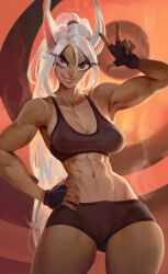 Rule 34 | 1girl, abs, animal ears, black gloves, black shorts, black sports bra, boku no hero academia, bonifasko, breasts, fingerless gloves, gloves, hand on own hip, highres, looking at viewer, medium breasts, mirko, muscular, muscular female, navel, rabbit ears, rabbit girl, red eyes, short shorts, shorts, solo, sports bra, white hair, workout clothes