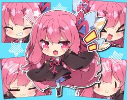 &gt;_&lt; 1girl :3 :d ^_^ blue_background blue_panties blush boots brown_boots brown_dress brown_eyes brown_sleeves chibi closed_eyes closed_mouth commentary_request detached_sleeves dress fang grin highres kotonoha_akane long_hair long_sleeves milkpanda multiple_views notice_lines open_mouth panties pink_hair red_eyes short_eyebrows sleeveless sleeveless_dress sleeves_past_wrists smile solid_oval_eyes standing standing_on_one_leg star_(symbol) thick_eyebrows underwear v v-shaped_eyebrows very_long_hair voiceroid wide_sleeves xd