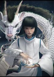 1boy 3d black_hair dragon eastern_dragon graxious_art grey_hair haku_(sen_to_chihiro_no_kamikakushi) high_collar highres japanese_clothes long_sleeves looking_at_viewer medium_hair open_mouth sen_to_chihiro_no_kamikakushi sharp_teeth teeth upper_body upper_teeth_only variations water white_scales wide_sleeves