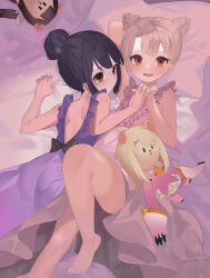 2girls absurdres akaneko016 bad_id bad_pixiv_id bare_back bare_shoulders barefoot black_bow black_hair blonde_hair bow closed_mouth double_bun dress fate/kaleid_liner_prisma_illya fate_(series) frills hair_between_eyes hair_bun highres holding_hands illyasviel_von_einzbern looking_at_viewer looking_to_the_side miyu_edelfelt multiple_girls on_bed open_mouth pillow purple_dress red_eyes smile stuffed_animal stuffed_toy yellow_eyes