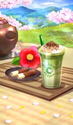 Rule 34 | blue sky, chaldea logo, cherry blossoms, commentary, cup, day, disposable cup, drink, drinking straw, fate/grand order, fate (series), flower, flower request, food, food focus, grass, matcha (food), nature, no humans, official art, outdoors, plate, red flower, rice paddy, sky, still life, sunlight, sweets, third-party source, tree, water, whipped cream, xxxxay