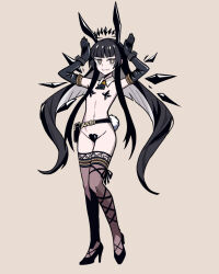 1girl animal_ears arknights ascot black_ascot black_eyes black_gloves black_hair black_halo black_pasties black_shoes black_thighhighs blunt_bangs chinese_commentary colored_inner_hair commentary_request detached_collar detached_wings elbow_gloves energy_wings fake_animal_ears full_body gloves halo hands_up high_heels highres hydrogina leotard long_hair long_sidelocks looking_at_viewer midriff multicolored_hair navel parody pasties playboy_bunny rabbit_ears rabbit_pose rabbit_tail ringed_eyes shoes sidelocks solo star_(symbol) star_pasties style_parody tail thighhighs twintails vanripper_(style) virtuosa_(arknights) white_hair wings yellow_background