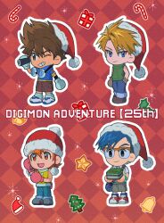 Rule 34 | bell, christmas, digimon, digimon adventure, glasses, hat, ishida yamato, kido jo, smile, takenouchi sora, yagami taichi