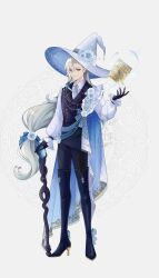 Rule 34 | 1boy, alternate costume, black boots, black gloves, black pants, black vest, blue cape, blue flower, blue gemstone, blue hat, book, boots, cape, collared shirt, commentary request, flower, gem, genshin impact, gloves, grey hair, grimoire, hair between eyes, hair flower, hair ornament, hand up, hat, hat flower, high heels, highres, lapels, long sleeves, looking at viewer, mage staff, male focus, neuvillette (genshin impact), notched lapels, pants, parted lips, purple eyes, shirt, simple background, solo, striped clothes, thigh boots, vertical-striped clothes, vest, white background, white shirt, witch hat, yuchu zyj19980429