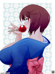 1girl alternate_breast_size alternate_costume back_bow blue_background blue_kimono blush bow breasts brown_hair candy_apple commentary_request dated floral_background food from_side fruit heart highres holding holding_food holding_fruit itini-sanshi japanese_clothes kimono large_breasts looking_at_viewer looking_back pink_bow red_eyes rozen_maiden short_hair solo souseiseki upper_body white_background yukata