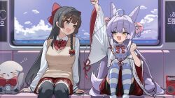 2girls :3 :d ahoge bike_shorts black_hair black_thighhighs blue_eyes blush bow braid brown_sweater_vest cone_hair_bun fang fox_girl fox_tail hair_bow hair_bun hair_ornament hair_rings heart heart_hair_ornament heterochromia highres kosode long_hair long_sleeves multiple_girls open_mouth pom_pom_(clothes) pom_pom_hair_ornament purple_hair purple_tail red_bow red_skirt shirayuki_hina single_braid skirt smile socks_over_thighhighs stellive sweater_vest tail tay_(cdjk7758) tenko_shibuki thighhighs virtual_youtuber yellow_eyes