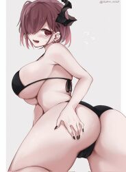 1girl ass bikini black_bikini black_horns black_nails blush breasts commentary_request from_behind garasu_toumei goddess_of_victory:_nikke grey_background highres horns large_breasts looking_at_viewer looking_back open_mouth purple_eyes purple_hair short_hair single_horn solo swimsuit twitter_username ziz_(nikke)