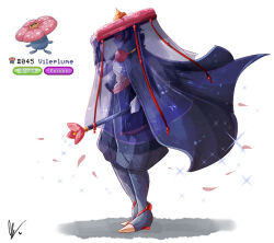 1boy cape colored_skin endifi from_side full_body gen_1_pokemon glowing glowing_eyes hat holding holding_scepter japanese_clothes male_focus nintendo personification petals pokemon pokemon_(creature) purple_skin red_eyes red_hat reference_inset sandogasa scepter signature simple_background vileplume white_background