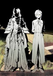 Rule 34 | 2boys, 3755km, absurdly long hair, absurdres, alt text, arm tattoo, arms at sides, arms behind back, artist name, barefoot, braid, chaldea logo, closed mouth, coat, face in shadow, fate/grand order, fate (series), foot tattoo, full body, greyscale with colored background, hair between eyes, hair over shoulder, hand tattoo, highres, jewelry, long hair, long sleeves, looking at viewer, male focus, marisbury animusphere, meme, multiple boys, multiple rings, nail polish, neck ring, night, orange eyes, outdoors, oxfords, pants, ring, side-by-side, sidelighting, sidewalk, single braid, smile, solomon (fate), standing, straight-on, tassel, tattoo, thumb ring, toenail polish, toenails, twitter username, very long hair, why dis ninja look so mad (meme), yellow eyes