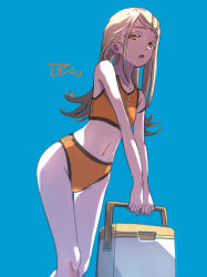 1girl absurdres artist_logo bikini blonde_hair blue_background box colored_eyelashes cooler feet_out_of_frame flat_chest gakuen_idolmaster highres idolmaster logo long_hair looking_at_viewer nkz0416 orange_bikini orange_eyes shinosawa_hiro simple_background solo sports_bikini swimsuit
