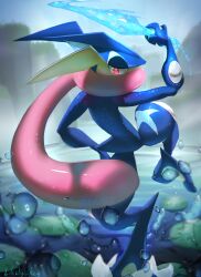 Rule 34 | absurdres, blurry, bright pupils, commentary, day, depth of field, from behind, gen 6 pokemon, greninja, highres, holding, leg up, likey, lily pad, looking back, nintendo, outdoors, pink eyes, pokemon, pokemon (creature), pokemon focus, solo, tongue, water, water drop