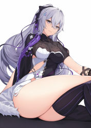 1girl breasts bronya_zaychik bronya_zaychik_(heart_of_the_night) bronya_zaychik_(silverwing:_n-ex) crossed_bangs crossed_legs drill_hair dutch_angle grey_eyes grey_hair hair_between_eyes highres honkai_(series) honkai_impact_3rd long_hair looking_at_viewer medium_breasts pak_ce single_thighhigh sitting solo thighhighs twin_drills