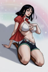 Rule 34 | 1girl, blue eyes, blush, boots, breasts, cleavage, earrings, female focus, fingernails, full body, highres, jewelry, knee boots, kneeling, large breasts, lipstick, long fingernails, looking at viewer, makeup, nail polish, navel, nico robin, one piece, prixmal, short hair, shorts, solo