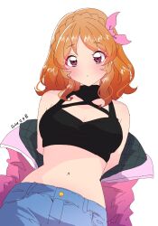 1girl aikatsu! aikatsu!_(series) belly black_shirt blush bow braid breasts brown_hair crown_braid dated denim highres jacket long_hair looking_at_viewer medium_breasts navel ozora_akari pink_bow pink_eyes pink_jacket rr_aikatsu shirt solo white_background