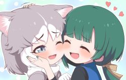 affectionate animal_ears blue_eyes blush cheek-to-cheek cheek_press closed_eyes cuddling dog_(mixed_breed)_(kemono_friends) dog_ears dog_girl gloves green_hair grey_hair happy heads_together kemono_friends kemono_friends_2 kemono_friends_r long_hair multicolored_hair nuzzle open_mouth ponytail ransusan shirt short_hair smile tomoe_(kemono_friends)_(niconico88059799) two-tone_hair yuri