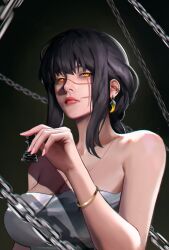 Rule 34 | 1girl, absurdres, bare shoulders, black background, black hair, bracelet, breasts, chain, chainsaw man, chess piece, commentary, cross scar, dress, earrings, english commentary, expressionless, facial scar, gold bracelet, highres, holding, holding chess piece, jewelry, large breasts, long hair, looking at viewer, nervi fd, pawn (chess), portrait, ringed eyes, scar, scar on cheek, scar on face, sidelocks, sleeveless, sleeveless dress, solo, yellow eyes, yoru (chainsaw man)
