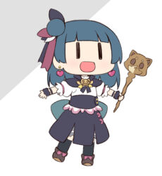 1girl :d black_capelet black_skirt black_thighhighs blue_hair blunt_bangs boots brown_boots capelet commentary deformed earrings genjitsu_no_yohane hair_bun heart heart_earrings holding holding_staff jewelry love_live! love_live!_sunshine!! miyako_hito open_mouth outstretched_arms puffy_short_sleeves puffy_sleeves shirt short_sleeves sidelocks simple_background single_side_bun skirt smile solo spread_arms staff thighhighs tsushima_yoshiko white_background white_shirt yohane_(genjitsu_no_yohane) |_|