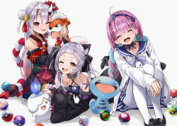 3girls :d ;d ^_^ absurdres ahoge anchor_hair_ornament animal_ears bare_shoulders black_bow black_dress black_footwear black_kimono black_sleeves blue_bow blue_hair blue_hairband blue_nails blue_sailor_collar blue_skirt blush bow braid breasts cat_ears cat_girl cat_tail closed_eyes collarbone commentary_request creatures_(company) criss-cross_halter crossover detached_sleeves dress facing_viewer fang frilled_bow frilled_sailor_collar frills game_freak gen_1_pokemon gen_2_pokemon gen_5_pokemon great_ball grey_background growlithe hair_ornament hairband halterneck heal_ball highres hololive horns hugging_own_legs jacket japanese_clothes juliet_sleeves kimono knees_up konkito leaning_to_the_side litwick loafers long_hair long_sleeves low_twintails lying medium_breasts minato_aqua minato_aqua_(sailor) multicolored_hair multiple_girls murasaki_shion murasaki_shion_(gothic_lolita) nail_polish nakiri_ayame nakiri_ayame_(1st_costume) nintendo off_shoulder on_stomach one_eye_closed oni open_clothes open_jacket open_mouth pantyhose pink_hair pleated_skirt poke_ball poke_ball_(basic) pokemon pokemon_(creature) puffy_sleeves red_eyes red_hair sailor_collar shirt shoes silver_hair sitting skin-covered_horns skirt sleeves_past_wrists smile streaked_hair tail tail_bow tail_ornament twin_braids twintails two-tone_hair very_long_hair virtual_youtuber white_jacket white_legwear white_shirt wide_sleeves wooper