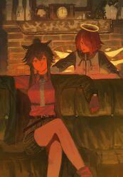 2girls arknights black_hair black_jacket brown_gloves brown_hair chinese_commentary clock commentary_request crossed_legs detached_wings exusiai_(arknights) food food_in_mouth gloves hair_between_eyes hair_over_one_eye halo highres indoors jacket looking_at_another looking_at_viewer lunifish mouth_hold multiple_girls one_eye_covered orange_eyes pocky short_hair sitting sketch texas_(arknights) texas_(willpower)_(arknights) wings yellow_eyes yellow_halo
