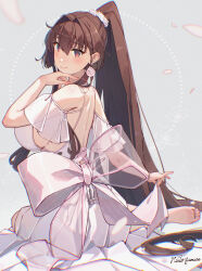 Rule 34 | 1girl, anniversary, breasts, brown hair, cherry blossoms, commentary request, dress, earrings, flower, from behind, hair flower, hair intakes, hair ornament, highres, himeyamato, jewelry, kantai collection, large breasts, long hair, ponytail, red eyes, sidelocks, sitting, smile, solo, very long hair, white dress, yamato (kancolle), yokozuwari
