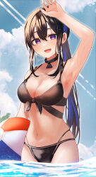 1girl absurdres arisyooon arm_up armpits ball beach beachball bikini black_bikini black_choker blue_sky breasts choker cleavage cloud double-parted_bangs front-tie_bikini_top front-tie_top hair_between_eyes highres ichinose_uruha lupinus_virtual_games multicolored_hair navel ocean open_mouth partially_submerged pendant_choker ponytail purple_eyes signature sky solo streaked_hair swimsuit virtual_youtuber vspo!