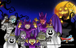 2others 3boys 3girls artist_request bat_wings blue_skin bodysuit claw_pose colored_skin copyright_logo copyright_name cosplay covered_abs crown demon_tail dragon_quest dragon_quest_x dwarf_(dq10) elf_(dq10) fake_horns fake_tail fake_wings fangs full_moon ghost_costume gloves green_skin grin halloween hero_(dq10) heroine_(dq10) highres horns imp_(dragon_quest) imp_(dragon_quest)_(cosplay) jack-o&#039;-lantern looking_at_viewer moon multiple_boys multiple_girls multiple_others mummy_costume night night_sky official_art official_wallpaper ogre_(dq10) puklipo purple_bodysuit purple_eyes purple_horns red_eyes red_skin sheet_ghost shoulder_spikes sky smile spikes tail third-party_source toned toned_male tongue tongue_out weddie_(dq10) wings yellow_gloves yellow_skin