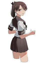 Rule 34 | 1girl, absurdres, brown eyes, brown hair, brown sailor collar, brown skirt, cropped legs, haida katsuretsu, highres, kantai collection, pleated skirt, ponytail, sailor collar, sailor shirt, school uniform, serafuku, shikinami (kancolle), shirt, short hair, simple background, skirt, solo, white background, white shirt