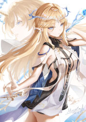 2girls absurdres arm_up az_(moyugod) bare_shoulders black_collar black_dress blonde_hair blue_eyes breasts cartethyia_(wuthering_waves) collar commentary cowboy_shot crown_of_thorns dated dress earrings fleurdelys_(wuthering_waves) highres holding holding_sword holding_weapon horns jewelry long_hair looking_ahead looking_at_viewer medium_breasts multiple_girls necklace parted_bangs parted_lips pointy_ears sidelocks signature single_horn sword symbol-only_commentary tabard tacet_mark_(wuthering_waves) thighs very_long_hair weapon white_tabard wuthering_waves yellow_horns