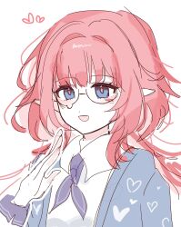 1girl alternate_costume blue_eyes blue_vest commentary_request elf elysia_(honkai_impact) glasses highres honkai_(series) honkai_impact_3rd ko_(assd_009) korean_commentary long_hair neckerchief open_mouth pink_hair pointy_ears purple_neckerchief shirt simple_background solo upper_body vest white_background white_shirt