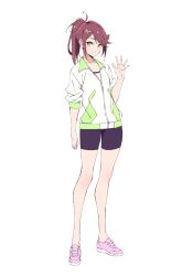Rule 34 | 1girl, ahoge, arm at side, bike shorts, black shorts, blush, brown hair, closed mouth, full body, gotou akira (love live!), green eyes, hair ribbon, ikizulive! love live! bluebird, jacket, long hair, looking at viewer, love live!, official art, parted bangs, pink shoes, ponytail, ribbon, shoes, short sleeves, shorts, sidelocks, simple background, sleeves pushed up, smile, sneakers, solo, split mouth, standing, tabata hisayuki, tachi-e, transparent background, white jacket, yellow ribbon