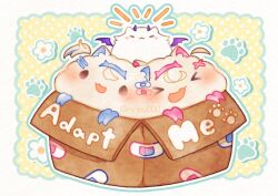 blush box cardboard_box chibi commentary_request creature dokkun0818 english_text engrish_text fake_horns for_adoption fuwawa_abyssgard fuwawa_abyssgard_(dog) hololive hololive_english horns in_box in_container mococo_abyssgard mococo_abyssgard_(dog) perroccino_(fuwamoco) ranguage twitter_username virtual_youtuber