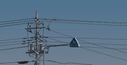 blue_sky day highres hisachan55cute no_humans original outdoors pedestrian_crossing_sign pixel_art pole power_lines scenery sign sky