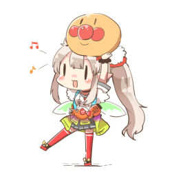 1girl :d anpanman anpanman_(character) arms_up beamed_eighth_notes black_shoes blush_stickers brown_hair chibi clothes_around_waist clothes_writing eighth_note elf elu_(1st_costume)_(nijisanji) elu_(nijisanji) fairy_wings full_body green_wings grey_skirt i_heart... long_hair lowres musical_note nijisanji open_mouth pleated_skirt pointy_ears rebecca_(keinelove) red_thighhighs shadow shirt shoes short_sleeves side_ponytail simple_background skirt smile thighhighs very_long_hair virtual_youtuber white_background white_shirt wings |_|