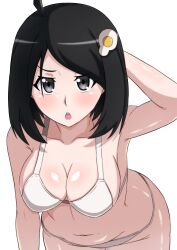 Rule 34 | 1girl, absurdres, ahoge, araragi tsukihi, armpits, black eyes, black hair, bra, breasts, cleavage, collarbone, commentary request, egg hair ornament, food-themed hair ornament, hair ornament, highres, kakukakusan, large breasts, leaning forward, looking at viewer, monogatari (series), navel, open mouth, panties, short hair, simple background, solo, stomach, thighs, underwear, underwear only, white background, white bra, white panties