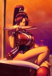 1girl absurdres breasts brown_hair crossover bad_tag bad_tag high_ponytail highres ninja noriatto ponytail revealing_clothes shiranui_mai solo street_fighter street_fighter_6 thighs