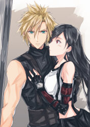 1boy 1girl absurdres bare_shoulders black_gloves black_hair black_skirt blonde_hair blue_eyes breasts closed_mouth cloud_strife commentary_request crop_top earrings elbow_gloves final_fantasy final_fantasy_vii final_fantasy_vii_remake fingerless_gloves gloves hair_between_eyes hand_on_another&#039;s_back hand_on_another&#039;s_chest highres holding holding_sword holding_weapon jewelry light_blush long_hair looking_at_another looking_at_viewer medium_breasts midriff mizuamememe protecting red_eyes single_arm_guard single_bare_shoulder single_earring skirt sleeveless sleeveless_turtleneck spiked_hair suspender_skirt suspenders sweater sword tank_top tifa_lockhart turtleneck turtleneck_sweater upper_body weapon white_tank_top