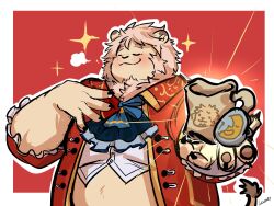 1boy animal_ears artist_name ascot belly blue_ascot blush claws closed_eyes closed_mouth coat commentary_request crop_top fat fat_man furry furry_male hand_on_own_chest highres holding leo_von_narcis_(xl) leoneal&#039;s_workshop lion_boy lion_ears lion_mane lion_tail male_focus red_coat shirt smile sparkle tail thai_commentary upper_body white_shirt xxl_woofia