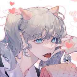 1girl absurdres ahoge blue_eyes chibi grey_hair hair_between_eyes heart highres horns long_hair looking_at_viewer nakddidi open_mouth original pink_horns pink_nails solo tongue tongue_out twintails v white_background