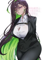 1girl alternate_costume bibie307 breasts brown_hair business_suit cowboy_shot formal_clothes goddess_of_victory:_nikke green_eyes guilty_(nikke) highres huge_breasts long_hair looking_at_viewer multicolored_hair purple_eyes solo suit very_long_hair white_background