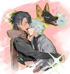 Rule 34 | 2boys, animal, biting, black hair, black jacket, blue eyes, closed eyes, dark, dog, earrings, grey hair, grey jacket, grin, hair between eyes, heart, highres, hug, jacket, jewelry, long sleeves, male focus, multiple boys, open clothes, open jacket, open mouth, original, pink background, qyzhiaiyisheng, scarf, shirt, short hair, smile, sparkle, teeth, upper body, yaoi