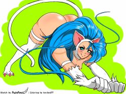 Rule 34 | 1girl, animal ears, animal hands, ass, bare shoulders, blue hair, blush, cat ears, cat tail, dark-skinned female, dark skin, darkstalkers, fang, felicia (darkstalkers), green eyes, jack-o&#039; challenge, long hair, tail, tardan07, very long hair, white fur
