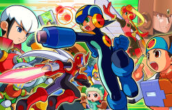 1girl 6+boys arm_cannon ass bandana battle_chip black_hair blue_eyes brown_eyes brown_hair capcom colorman.exe cover eugene_chaud_(mega_man) glide.exe_(mega_man) green_eyes gutsman.exe helmet iceman.exe lan_hikari_(mega_man) mega_man_(series) mega_man_battle_network mega_man_battle_network_(series) mega_man_battle_network_1 megaman.exe multicolored_hair multiple_boys numberman.exe official_art protoman.exe roll.exe_(mega_man) short_hair sword textless_version tight_clothes video_game_cover weapon white_hair woodman.exe