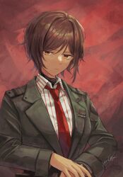 1girl badge brown_eyes brown_hair closed_mouth coat collared_shirt dark-skinned_female dark_skin green_coat highres lapels limbus_company looking_at_viewer necktie notched_lapels outis_(project_moon) project_moon red_necktie shirt short_hair solo striped_clothes striped_shirt to_pathos_mathos_(e.g.o) white_shirt york0pm
